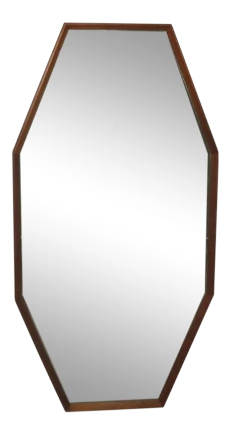 1960s Vintage Danish Modern Octagonal Shaped Floor Mirror With Beveled Glass: Wonderful Mid-Century Modern floor or wall mirror in an octagonal shape. Walnut wood frame, beveled glass. Currently wired to hang vertically, but you can easily re-wire it to hang horizontally. Would