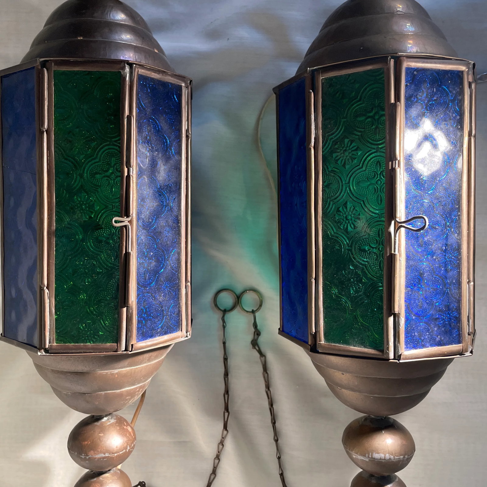 1940s Vintage Stained Glass and Brass Church Pendant Light Fixtures a Pair - 11