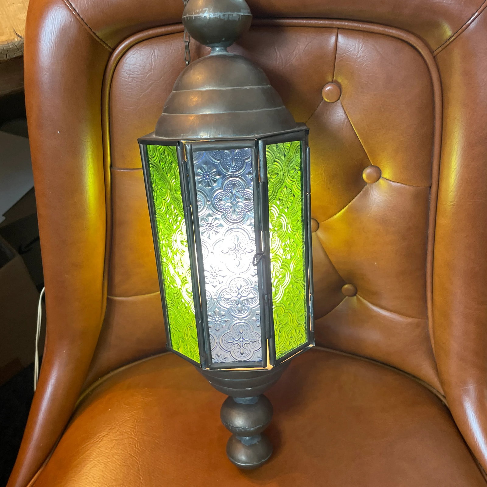 1940s Vintage Stained Glass and Brass Church Pendant Light Fixtures a Pair - 12