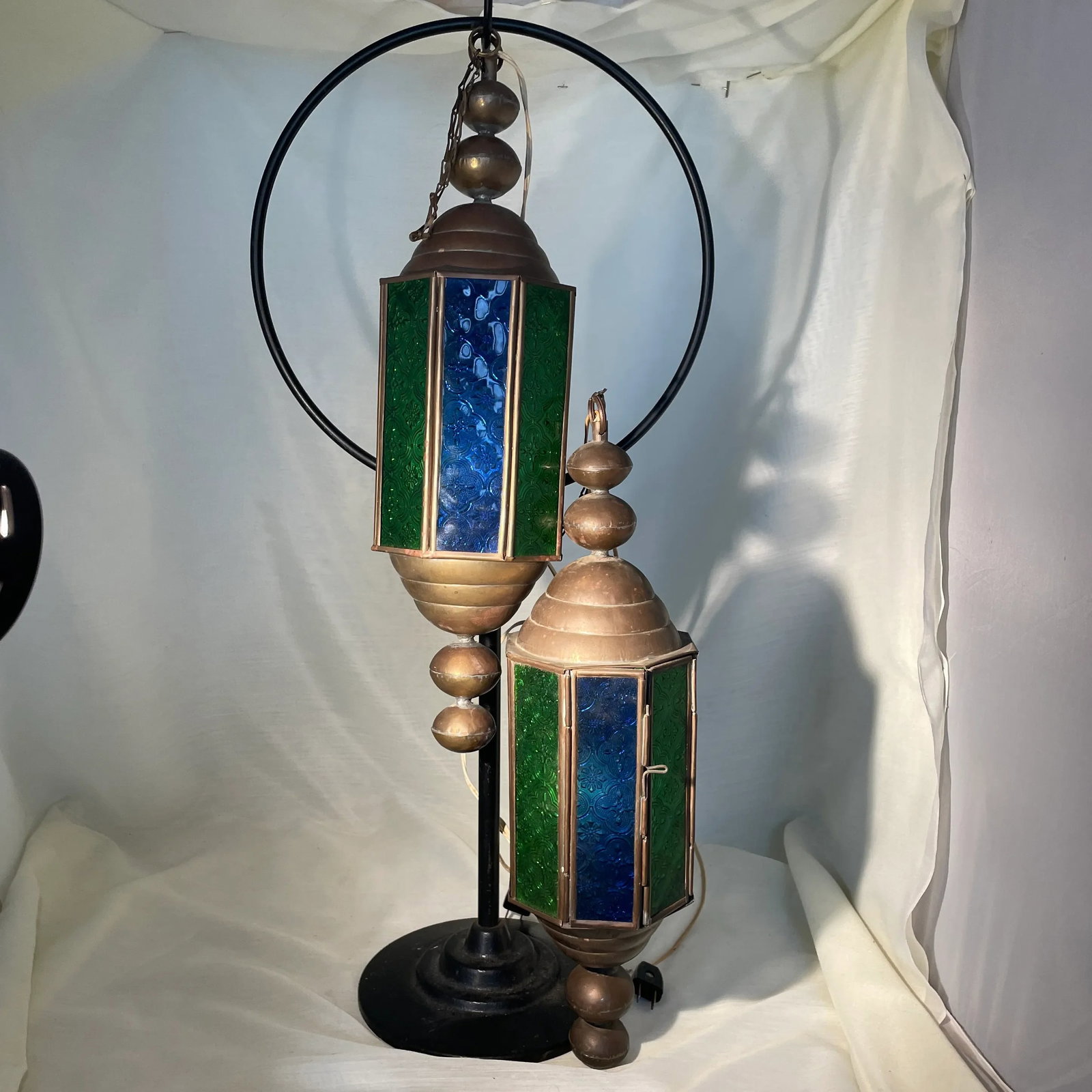 1940s Vintage Stained Glass and Brass Church Pendant Light Fixtures a Pair - 2