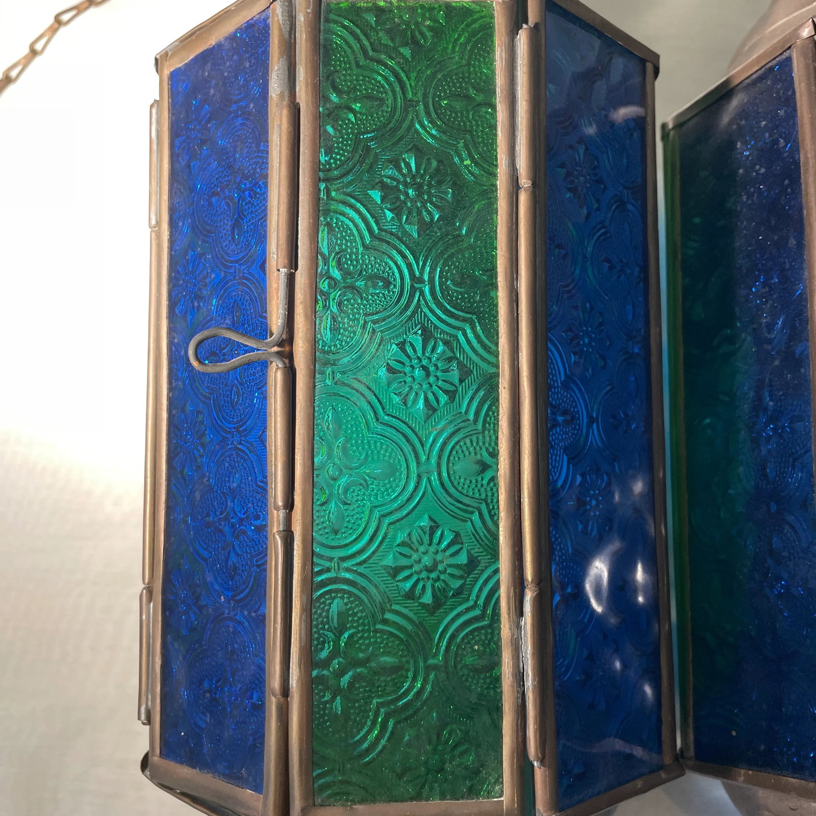 1940s Vintage Stained Glass and Brass Church Pendant Light Fixtures a Pair - 3