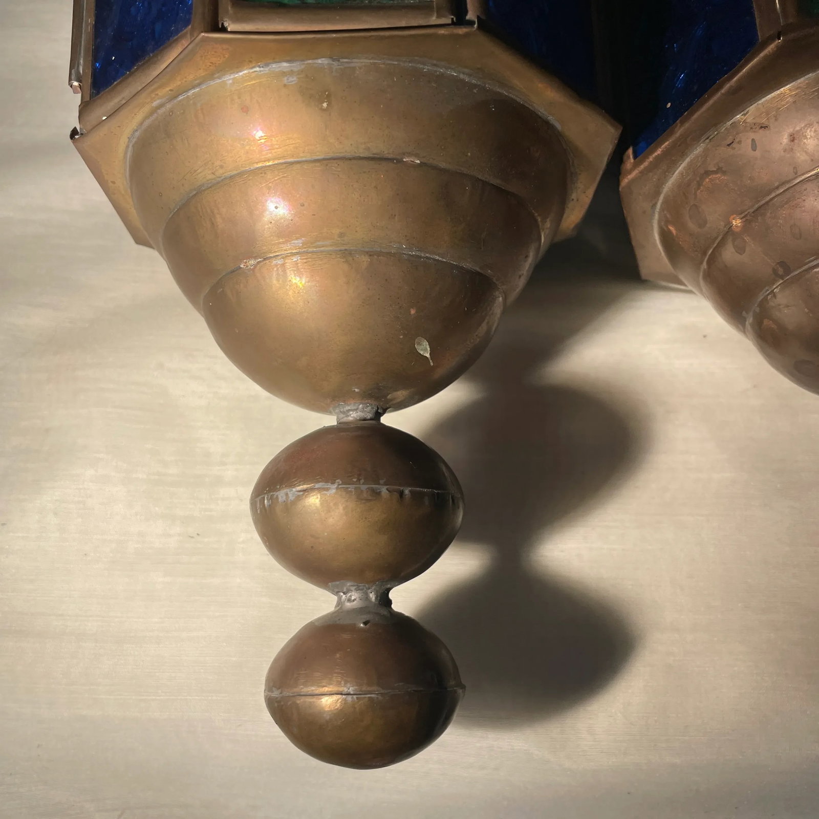 1940s Vintage Stained Glass and Brass Church Pendant Light Fixtures a Pair - 4