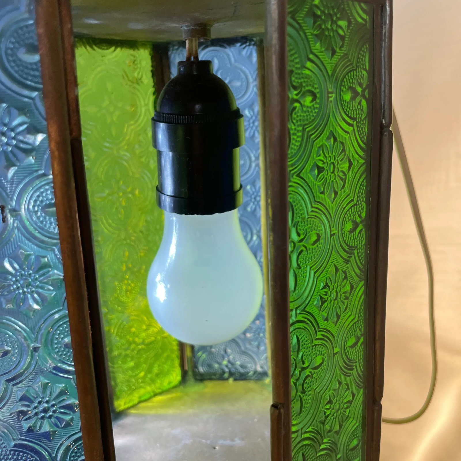 1940s Vintage Stained Glass and Brass Church Pendant Light Fixtures a Pair - 5