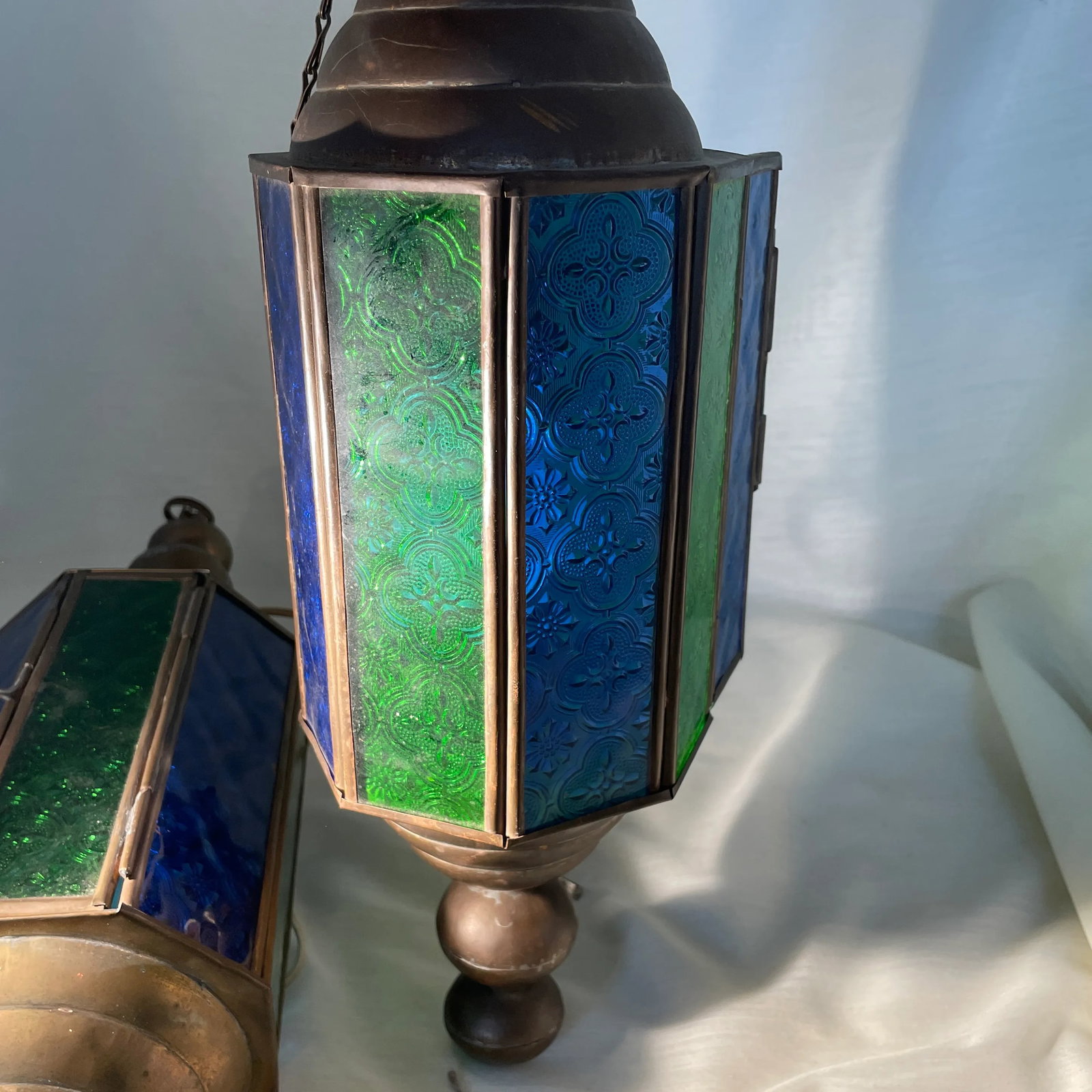 1940s Vintage Stained Glass and Brass Church Pendant Light Fixtures a Pair - 7