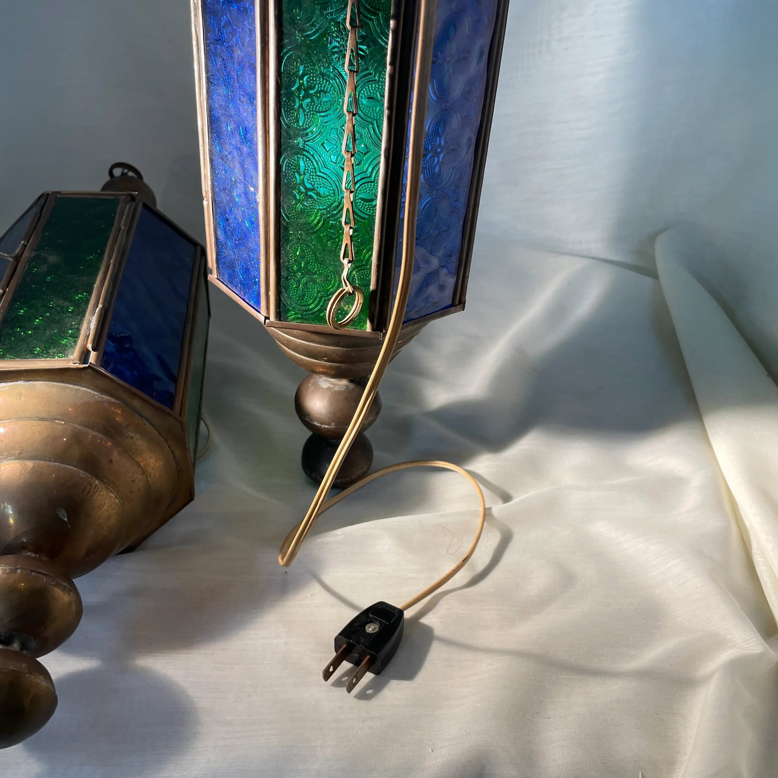 1940s Vintage Stained Glass and Brass Church Pendant Light Fixtures a Pair - 8