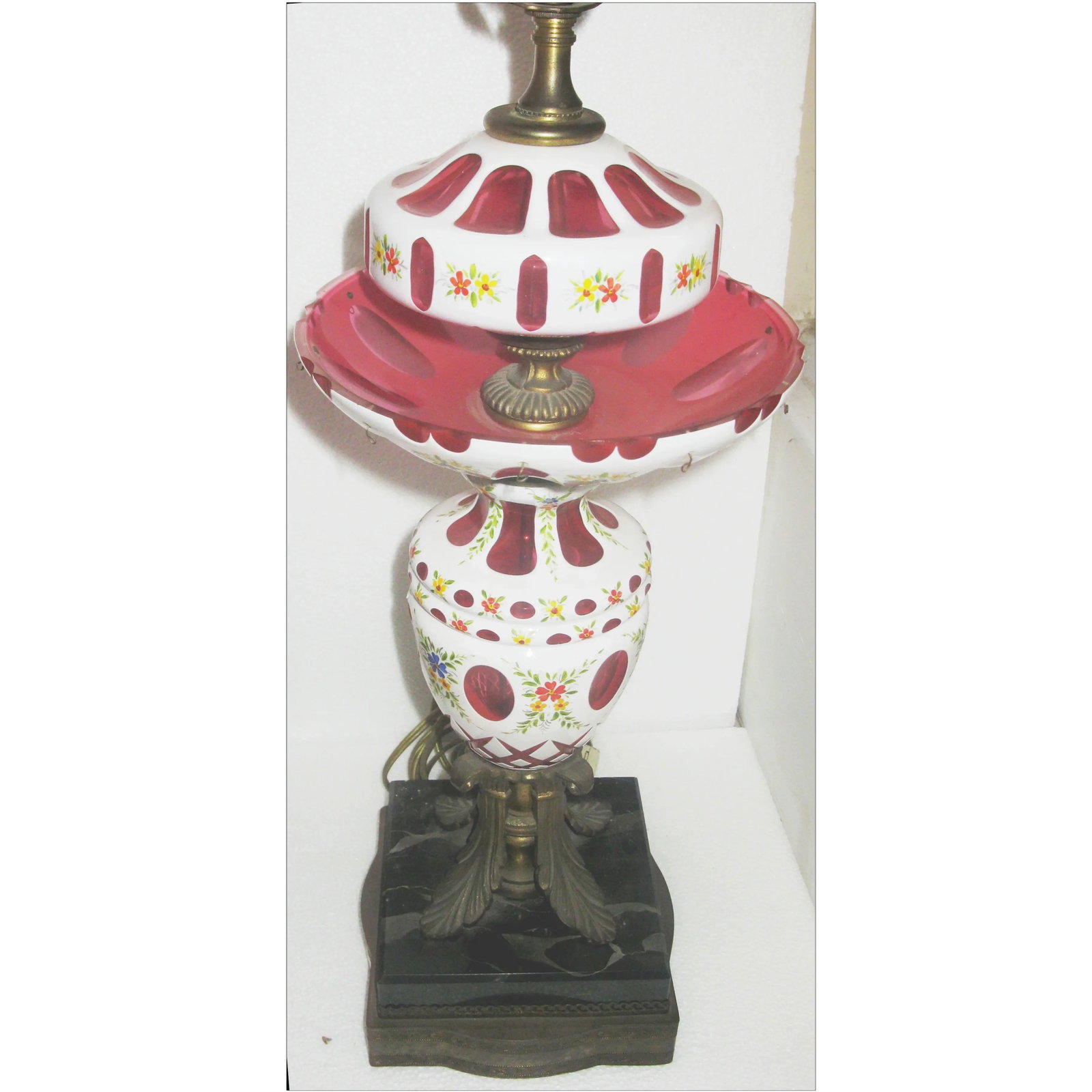 White & Cranberry Glass Bohemian Lamps - a Pair - 2