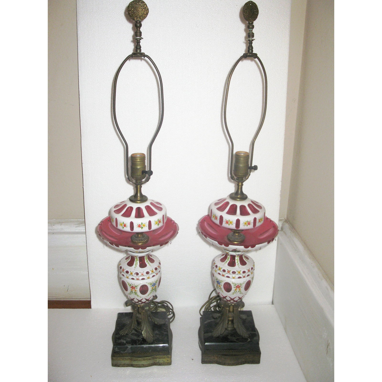 White & Cranberry Glass Bohemian Lamps - a Pair - 3