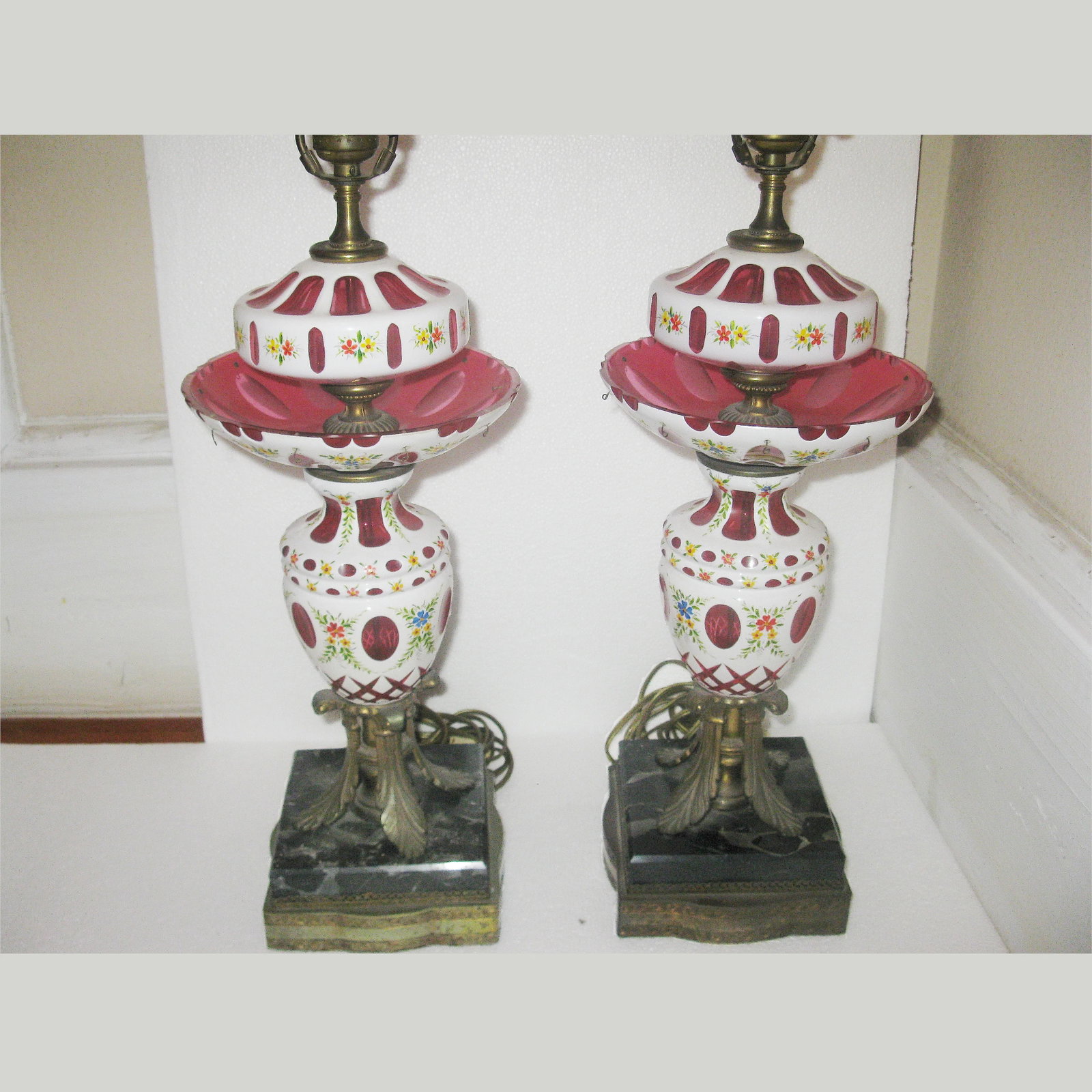 White & Cranberry Glass Bohemian Lamps - a Pair - 4