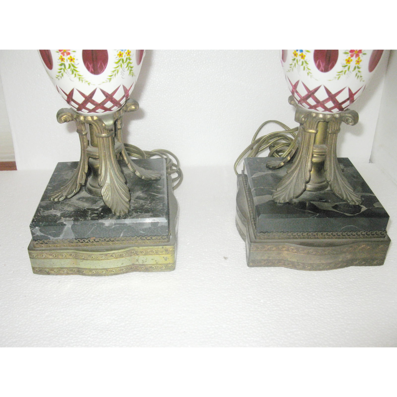 White & Cranberry Glass Bohemian Lamps - a Pair - 6