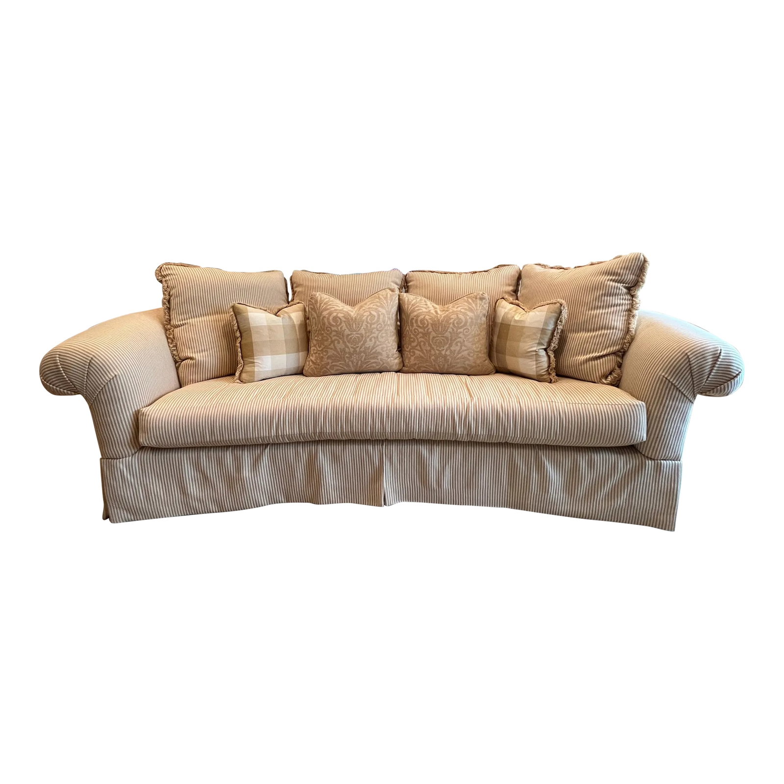 Century Furniture Custom Curved Sofa: The grand scale and uniquely curved shape of this Century Furniture sofa is sure to make a bold yet comfy statement in your living space. It features a skirted body, rolled arms, a bench seat cushion 
