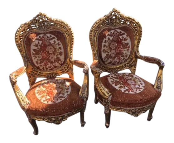 Antique Fauteuil Style Gilt Chairs - a Pair: I think these chairs are stunning and so very interesting. They are "as found". I have no idea what the age is on these but I think they might be earlier than mid-century based on the wood, the bottom