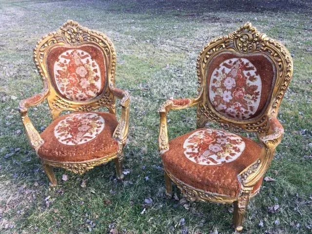 Antique Fauteuil Style Gilt Chairs - a Pair - 2