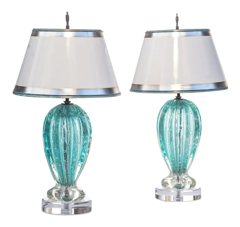 Vintage Murano Aquamarine Lamps - a Pair: Pair of Mid-Century aqua-marine 1950's Murano lamp on lucite bases. The shades are included and are handcrafted in parchment paper. They are hand gilded and decorated. The lamps have been newly