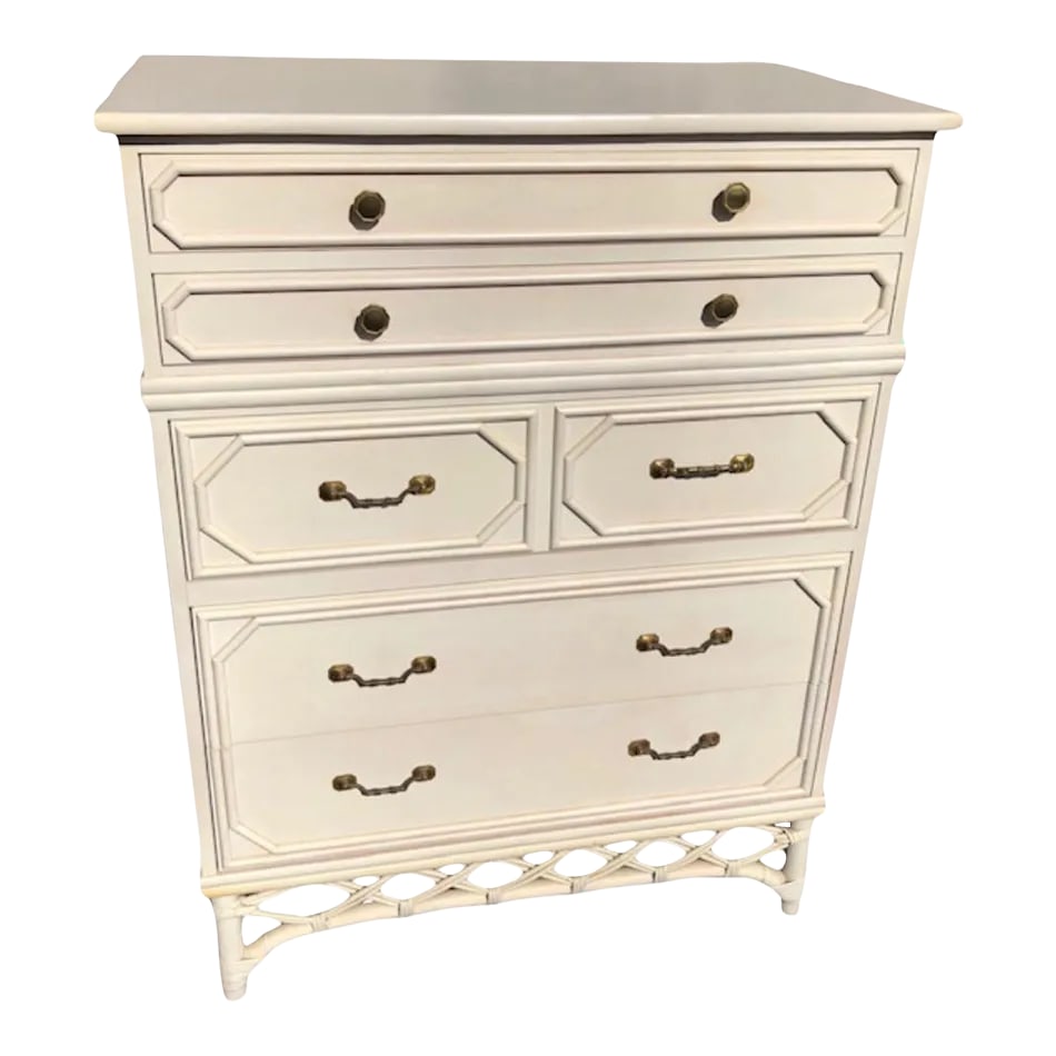 Mid 20th Century Ficks Reed Faux Bamboo Hollywood Regency Coastal Highboy Dresser: This piece is in stunning vintage condition. Please see other listings for additional parts of this set: lowboy/credenza and twin headboard. Condition: Alterations: Original Condition Unaltered Imperf