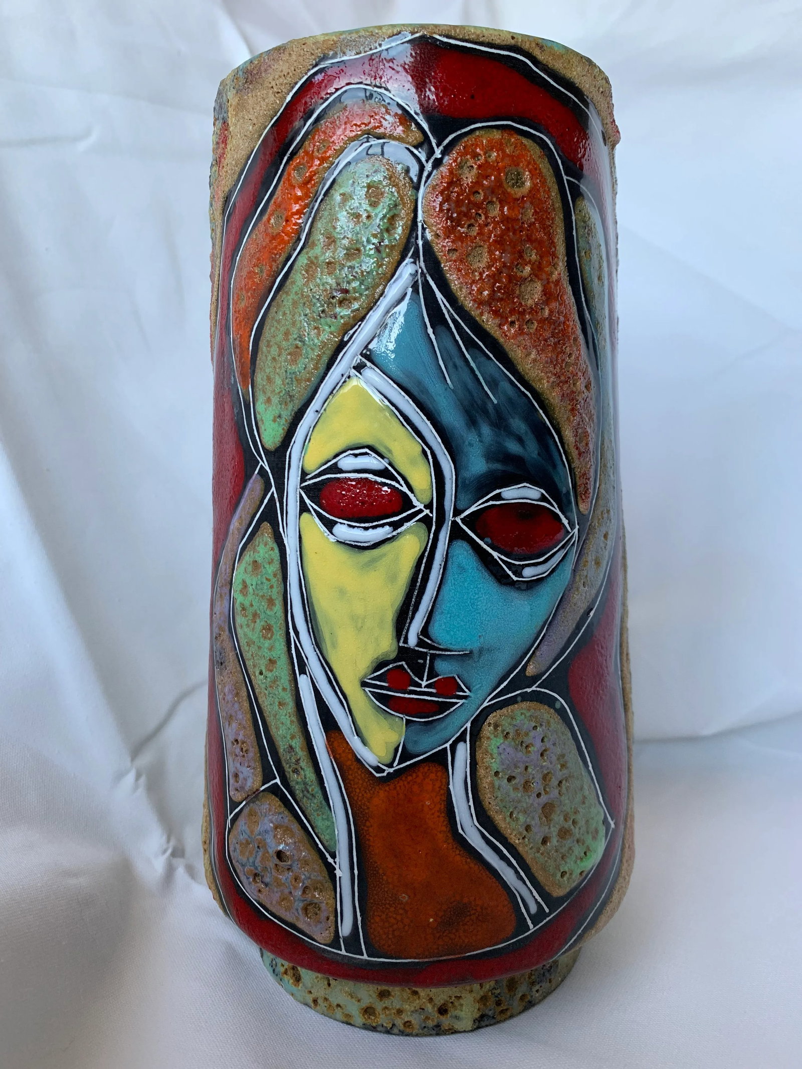 Italian Abstract Figural Lava Glaze Face Pottery Vase After Fantoni - 13