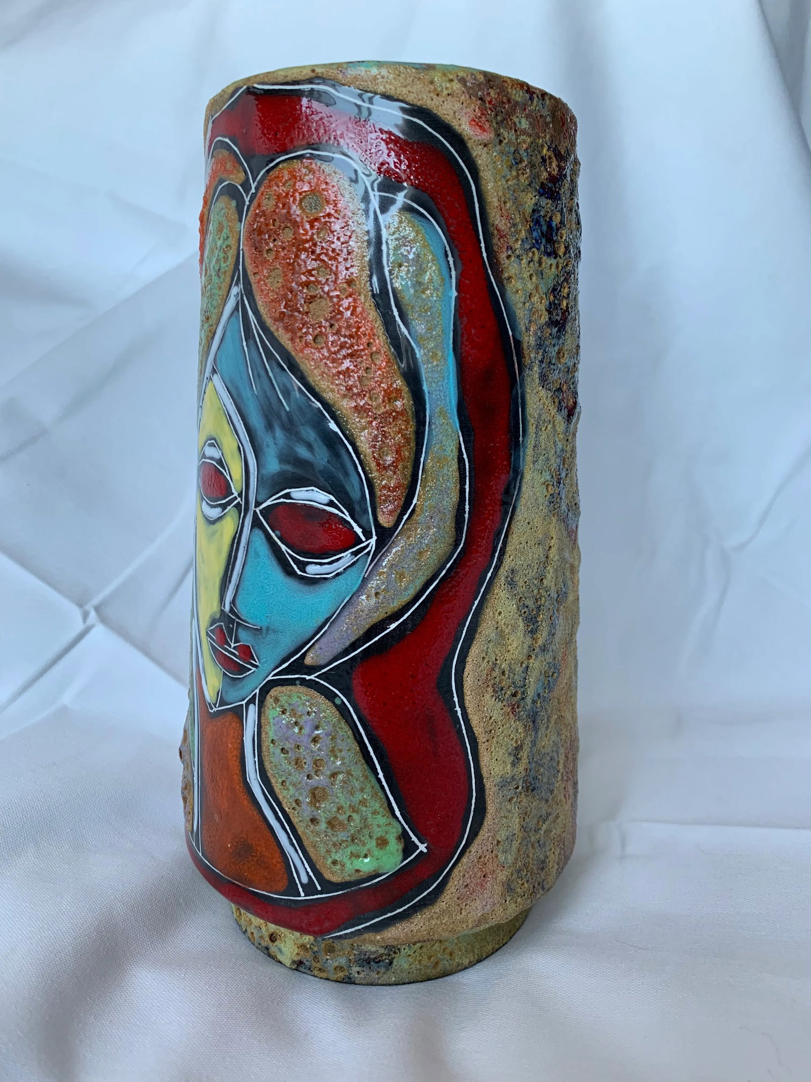 Italian Abstract Figural Lava Glaze Face Pottery Vase After Fantoni - 3