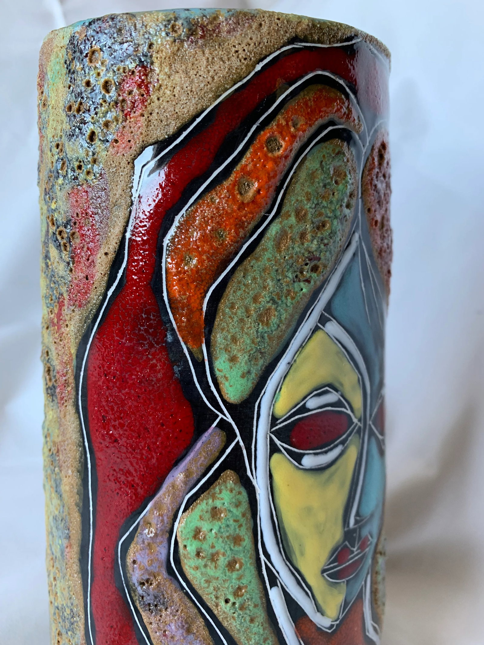 Italian Abstract Figural Lava Glaze Face Pottery Vase After Fantoni - 9