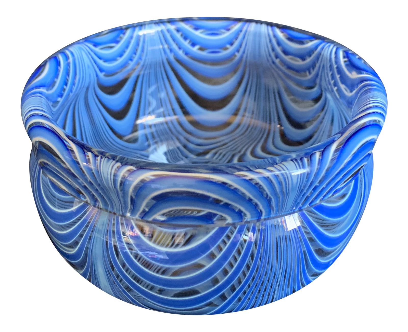 1960s Vintage Antonio Da Ros for Cenedese Murano "Zebrati" Blue Cased Glass Trinket Dish Bowl: Offered is an Italian art glass bowl created using the "Zebrati" technique featuring glass ribbons in shades of blue cased in heavy clear glass. Designed by Antonio da Ros for Cenedese. Pontil is poli
