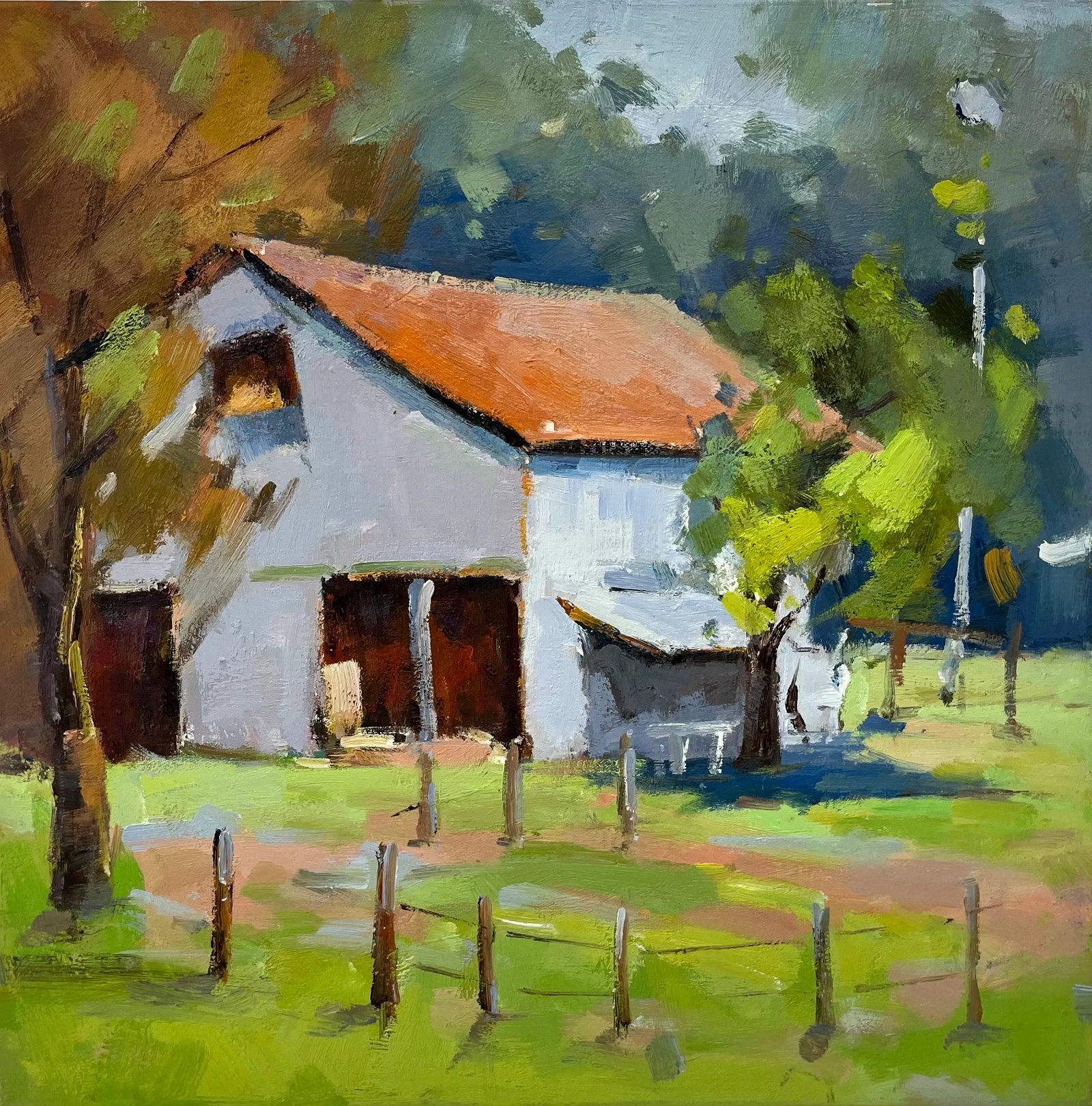 Impressionistic Landscape Original Oil Painting: A charming and sunlit original oil painting on canvas capturing a peaceful farmstead in rich natural tones. The crisp white barn with a terracotta roof stands out against a backdrop of trees and blue