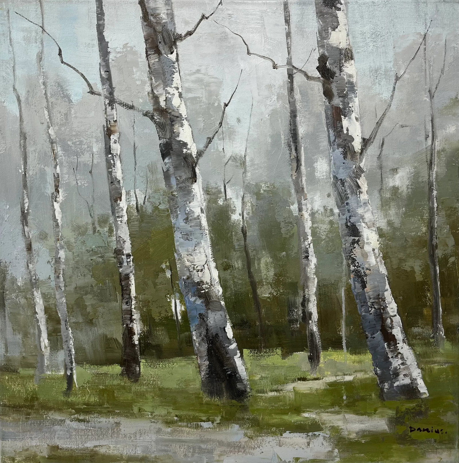 Birch Tree Impressionistic Landscape Original Oil Painting: A serene impressionistic landscape oil painting capturing slender birch trees rising through a quiet, misty forest. Textured brushstrokes and soft, muted tones of green, gray, and white create a