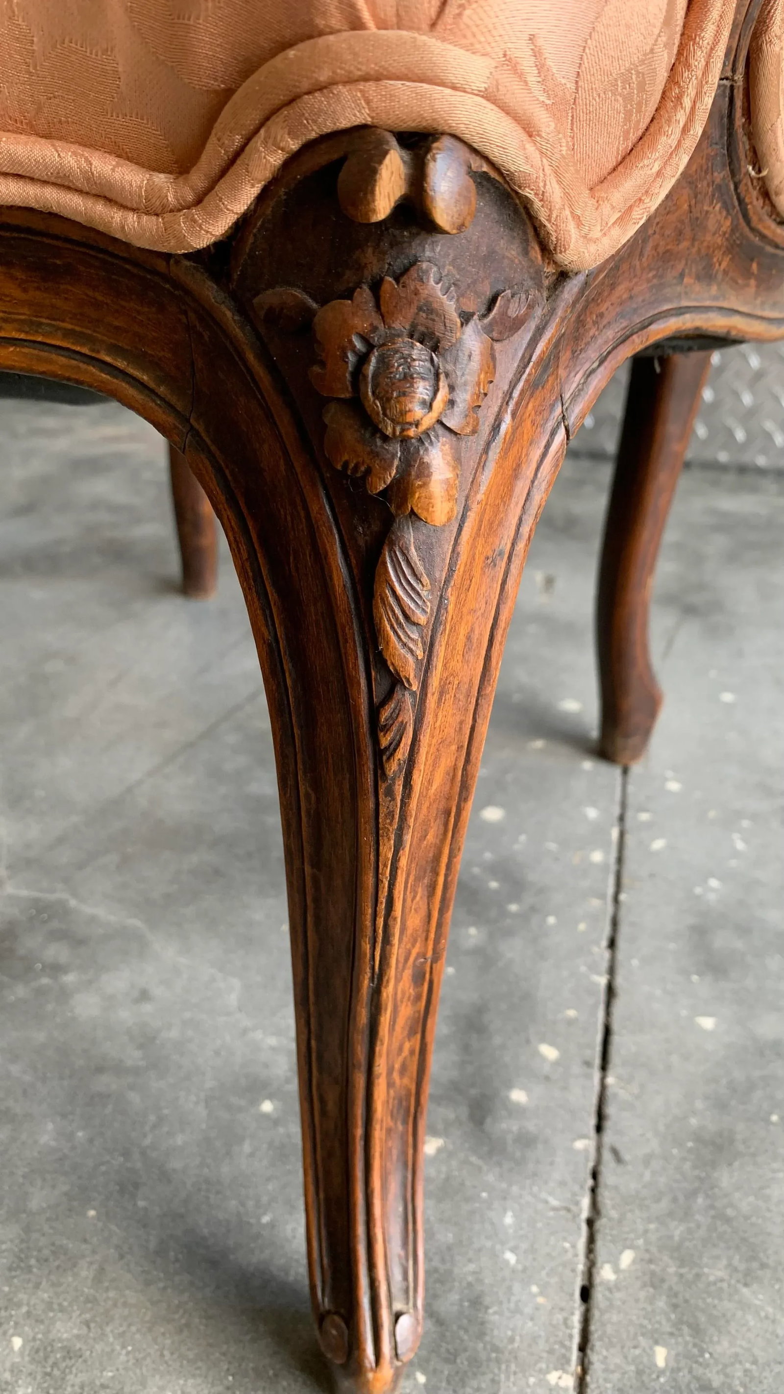 French Antique Carved Walnut Damask Louis XV Style Accent Fauteuil Arm Chair- a Pair - 10