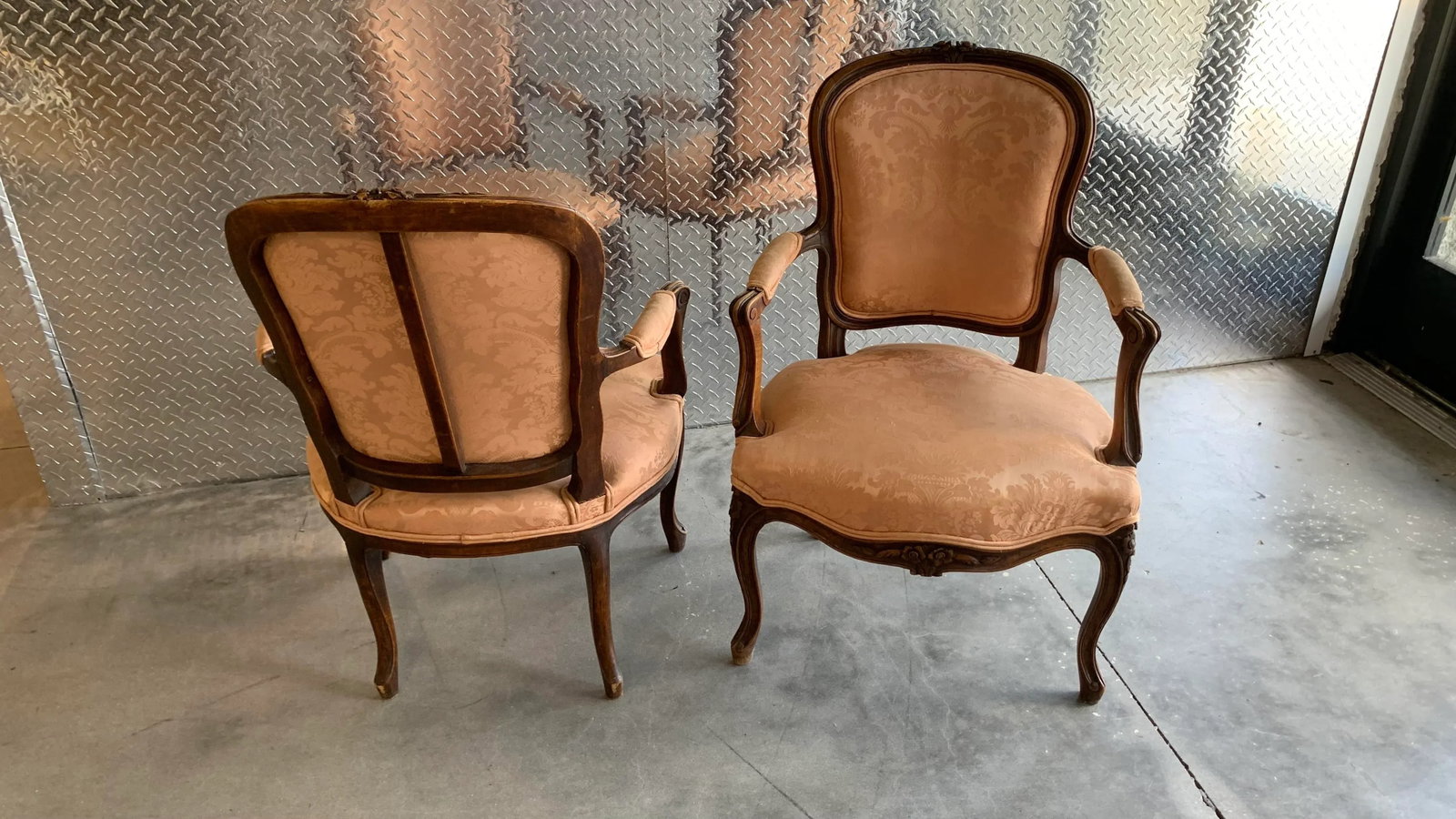 French Antique Carved Walnut Damask Louis XV Style Accent Fauteuil Arm Chair- a Pair - 2
