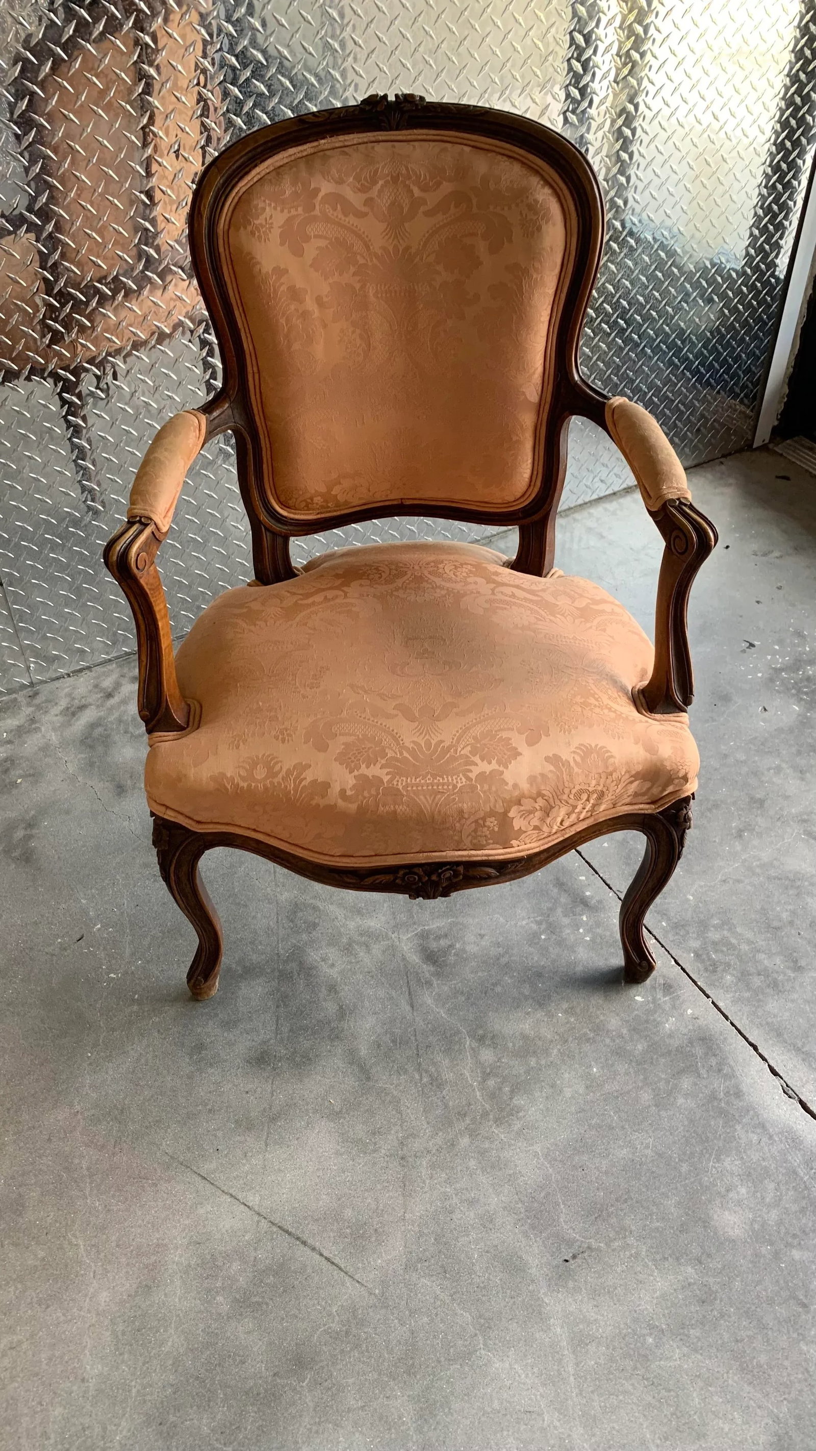 French Antique Carved Walnut Damask Louis XV Style Accent Fauteuil Arm Chair- a Pair - 3