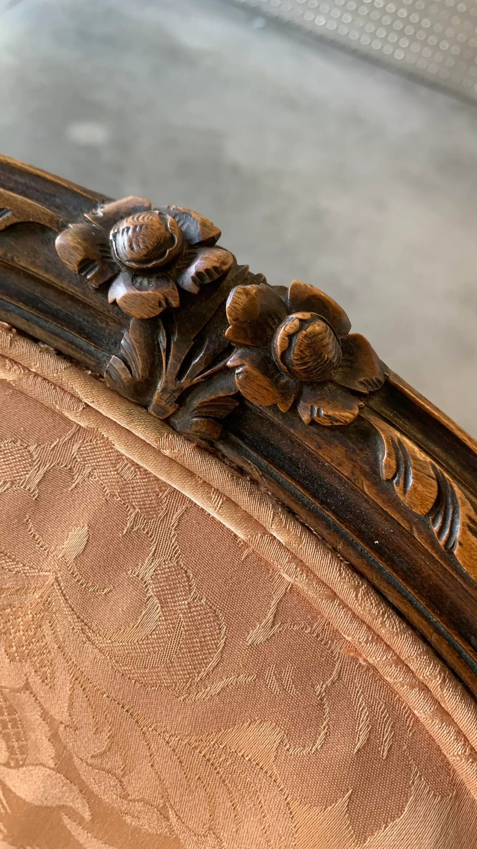 French Antique Carved Walnut Damask Louis XV Style Accent Fauteuil Arm Chair- a Pair - 6