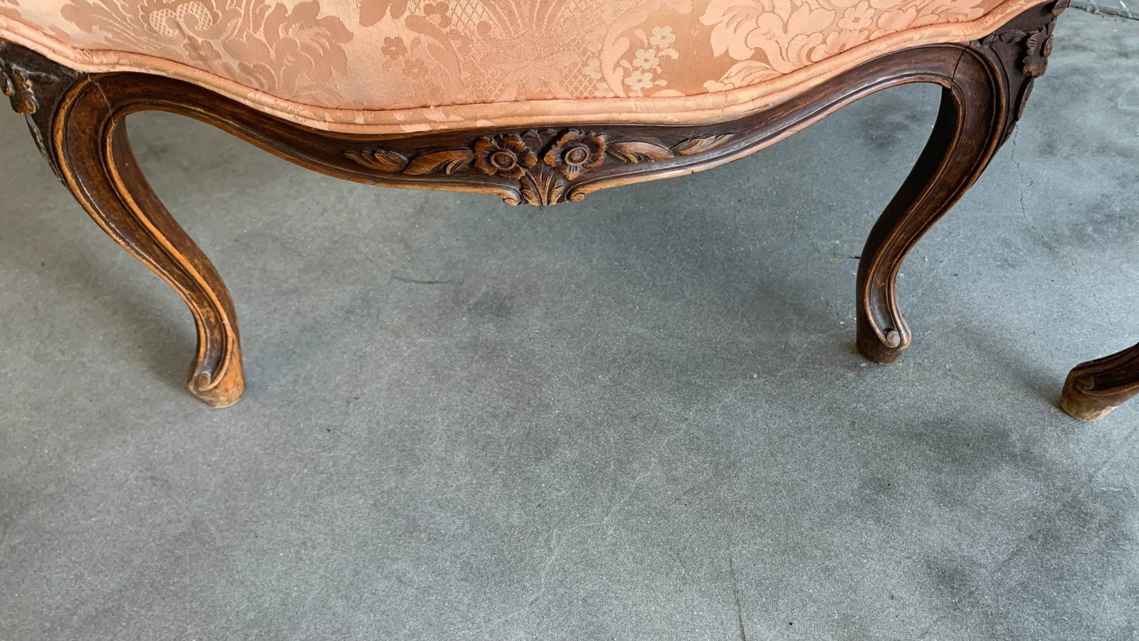 French Antique Carved Walnut Damask Louis XV Style Accent Fauteuil Arm Chair- a Pair - 9