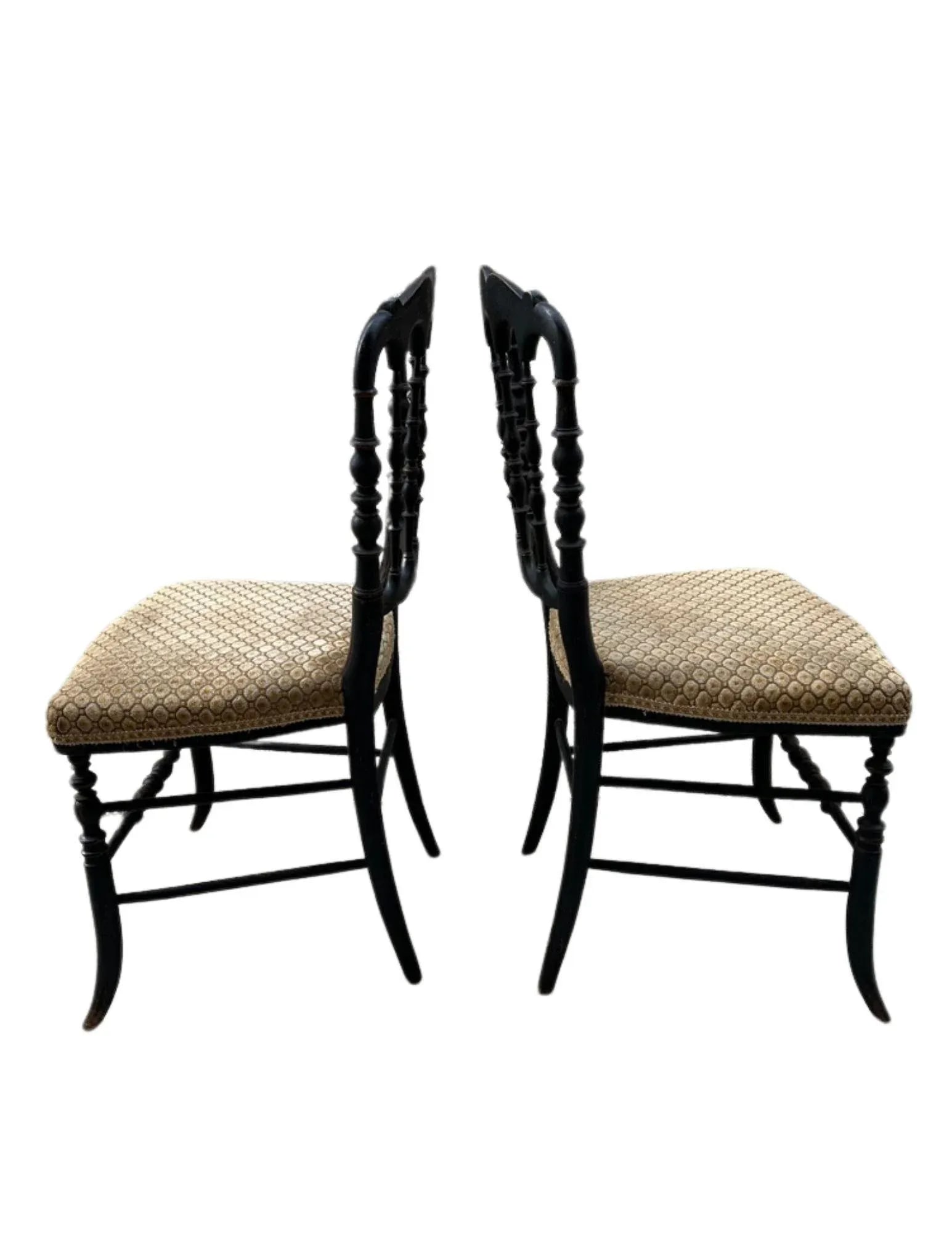 1850s French, Ebonized Wood Chiavari Chairs With Gold Velvet Seats - A Pair - 3