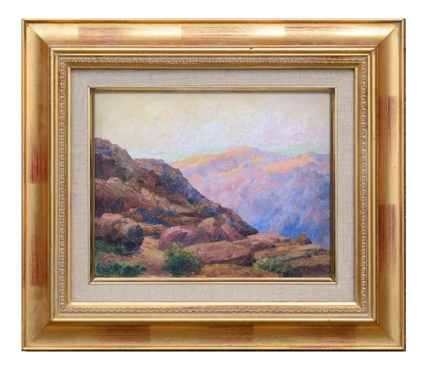Cyrus Bates Currier Distant Canyon Landscape Painting Circa 1925: Gorgeous, accomplished western canyon landscape with distinct foreground and background coloration by Cyrus Bates Currier (American, 1868-1946). Signed lower left corner: "Currier." Presented in a gil