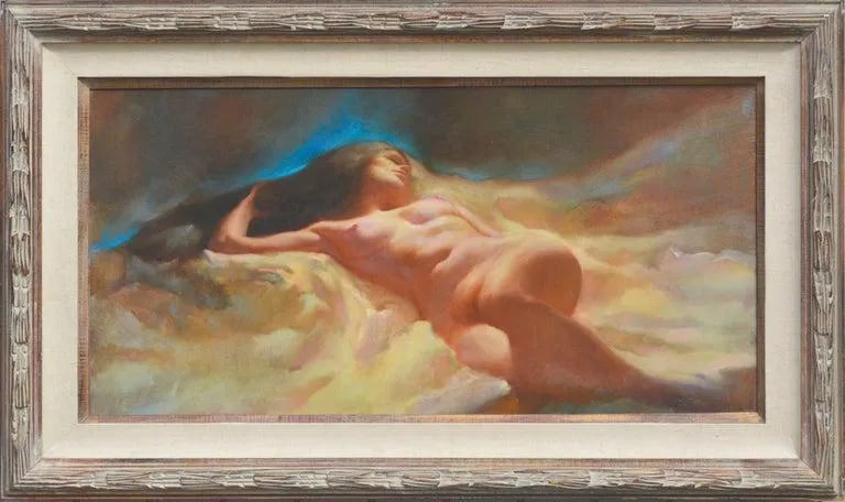 Thomas P. Darro Reclining Twilight Nude 1990: Reclining nude scene in desert tones by Scottsdale, Arizona artist Thomas (Tom) P. Darro (American, b. 1946), circa 1990. Signed lower right corner. Displayed in a carved wood frame, with linen liner 