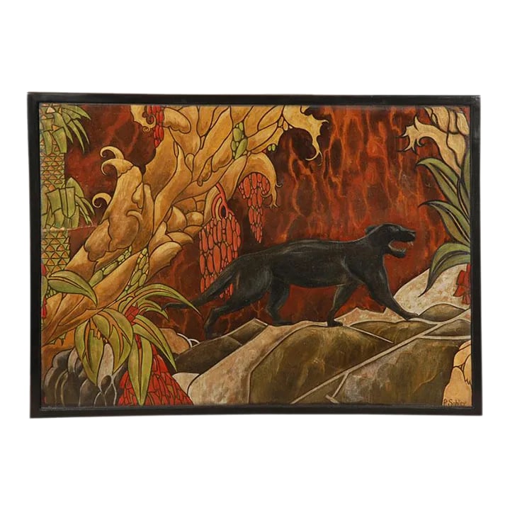 1960s Art Deco Style Panther with Jungle Landscape Oil Painting Signed Fe Sohler, Framed: German Art Deco Painting part of original theatre backdrop. Signed by Fe Sohler. Size includes frame. Oil on Board. Black Panther in Jungle. Condition: Alterations: Original Condition Unaltered Imperf