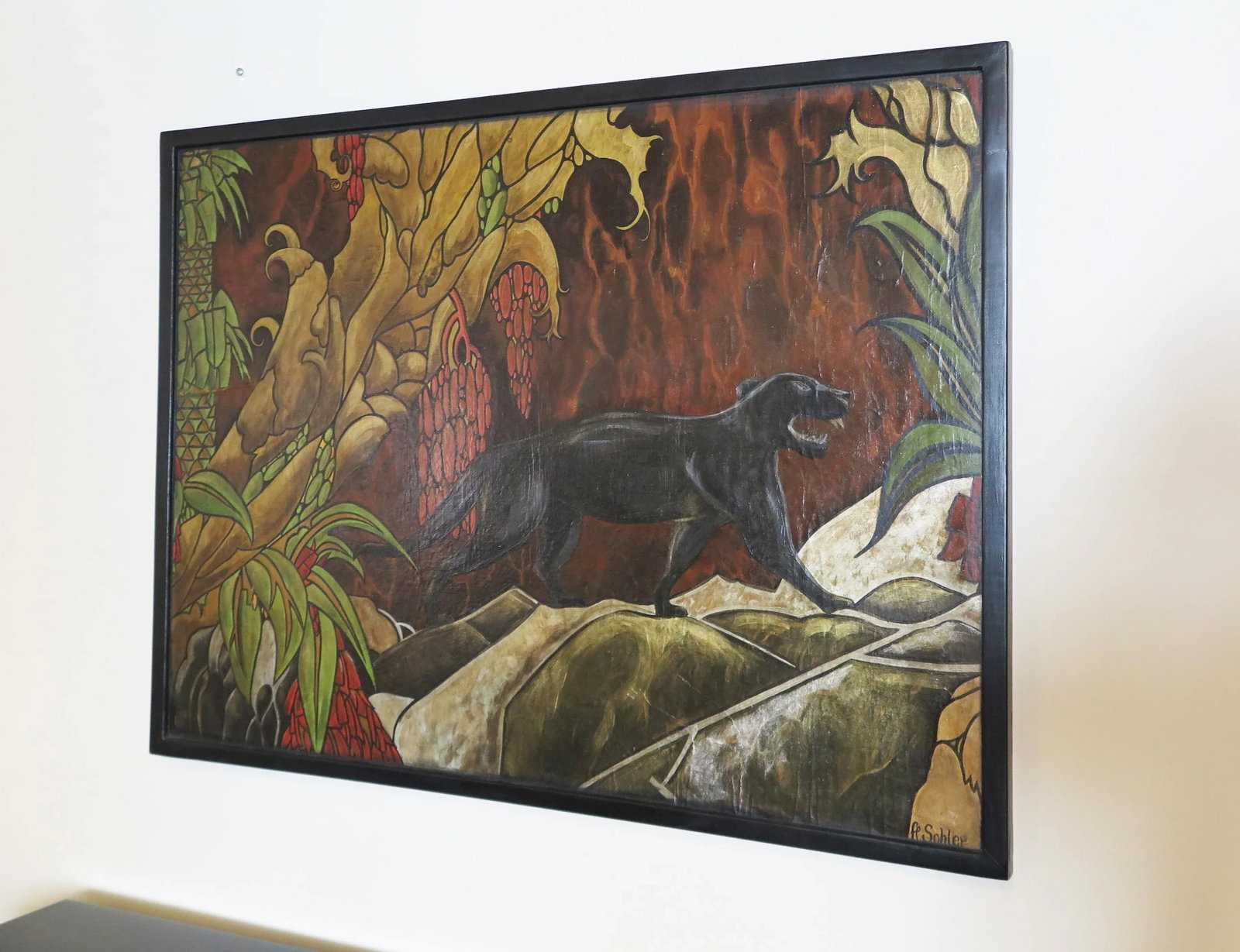 1960s Art Deco Style Panther with Jungle Landscape Oil Painting Signed Fe Sohler, Framed - 2