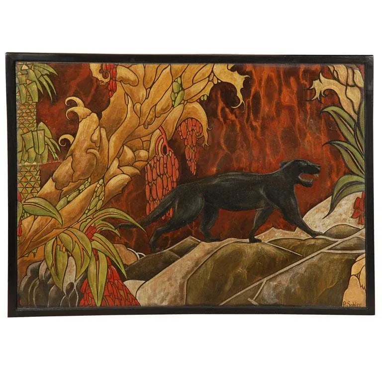1960s Art Deco Style Panther with Jungle Landscape Oil Painting Signed Fe Sohler, Framed - 7