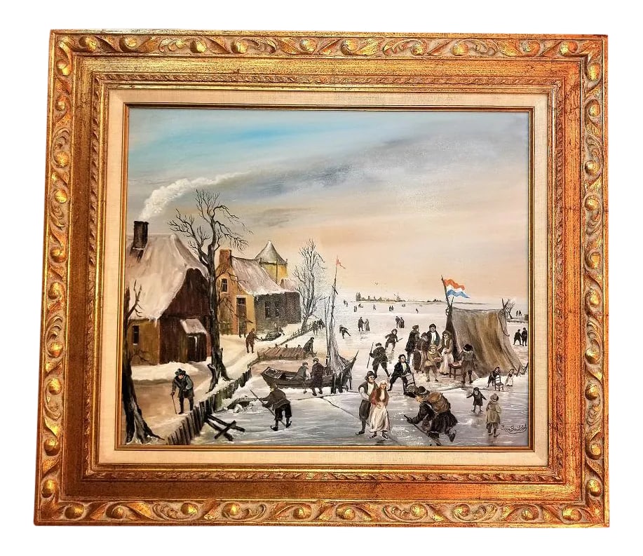 Dutch Ice Skating Oil Painting on Canvas by Van Buiksloot: PRESENTING A GLORIOUS piece of ORIGINAL Dutch art, namely, a Scene of Dutch Ice Skating Oil on Canvas by Van Buiksloot. J. Van Buiksloot was a Dutch painter in the 1950's. His works are quite rare and