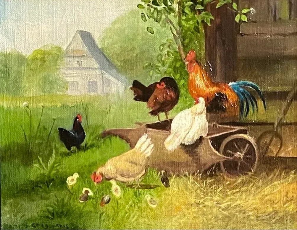 Oil Painting of a Farmyard Scene, Framed - 2