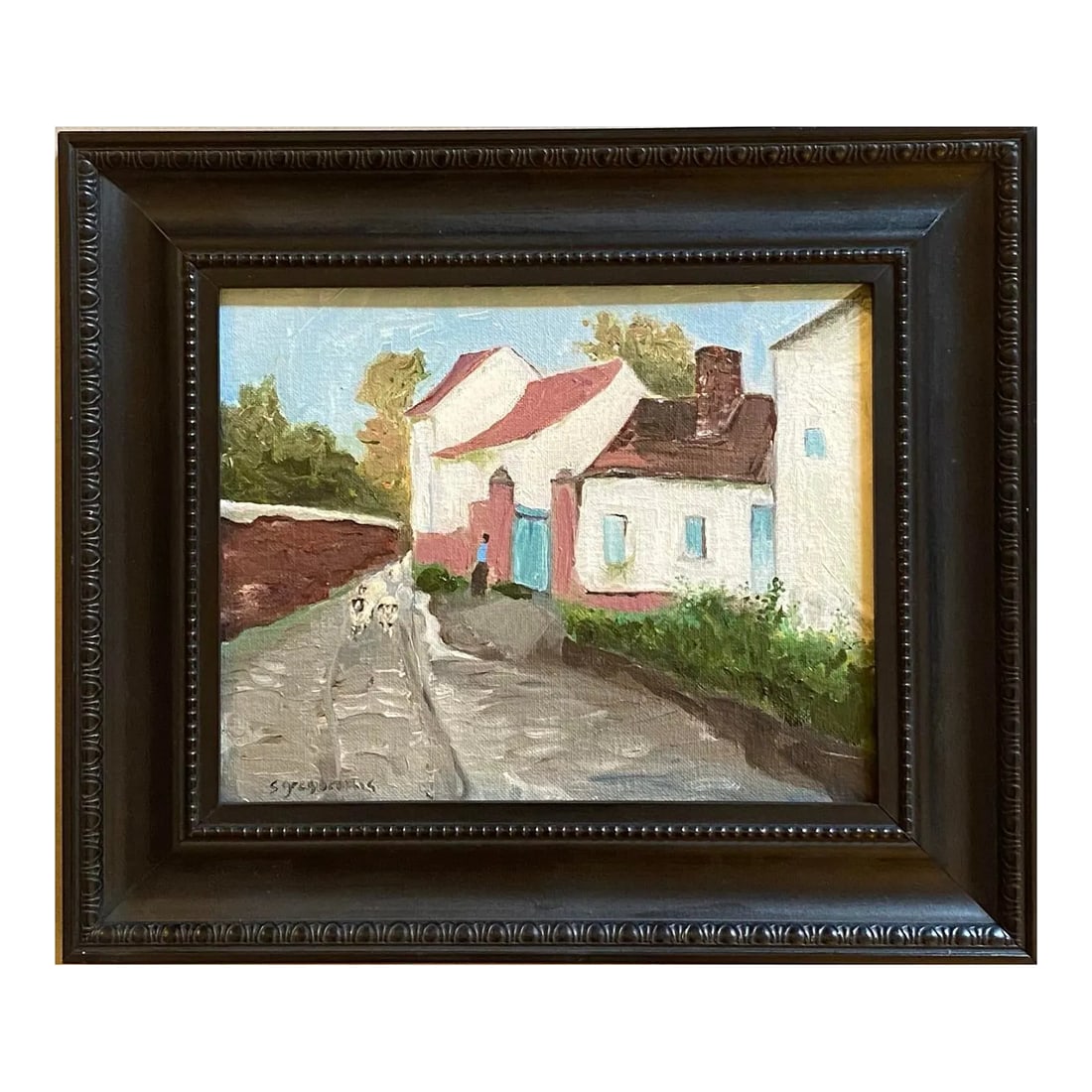 Oil Painting of an English Village With Sheep, Framed: Oil painting on canvas board of an English village scene with sheep and early cottages on the right by Satori Gregorakis. Signed in the lower left corner. Framed. Satori Gregorakis (b. Long Island,