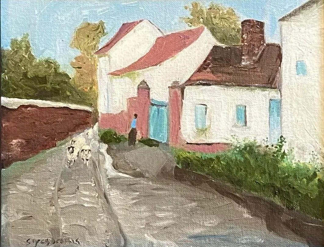 Oil Painting of an English Village With Sheep, Framed - 2