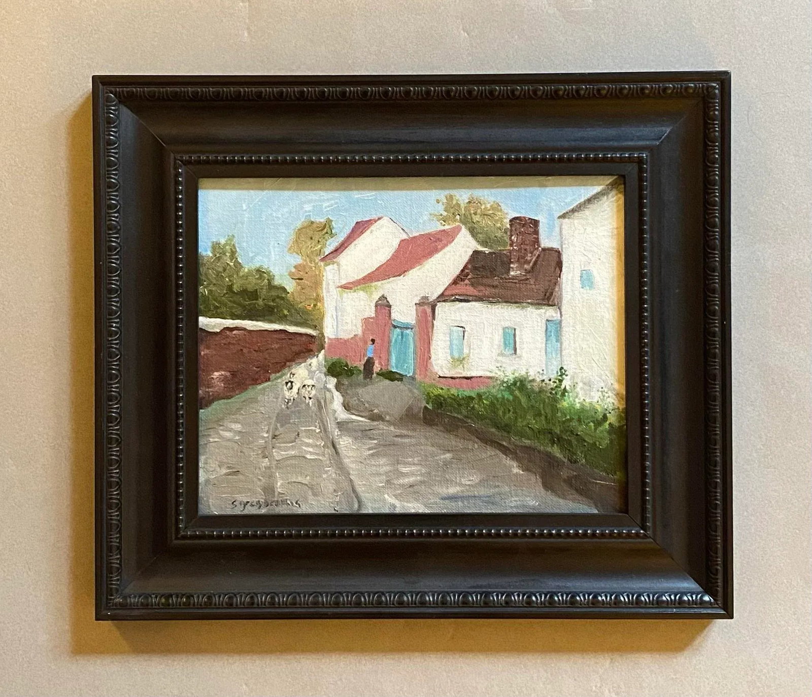 Oil Painting of an English Village With Sheep, Framed - 3