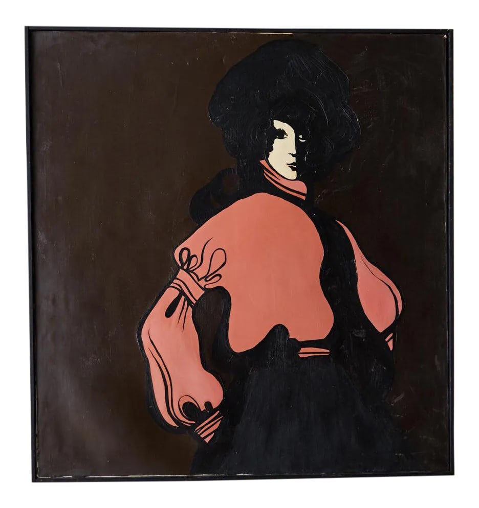 60s Mod Stylized Portrait of a Woman: Mid 20th Century Twiggy-inspired 60s mod stylized portrait of a woman. The harlequinesque black and white figure is wearing a flowing coral blouse accented with dramatic black shadows and pops off of 