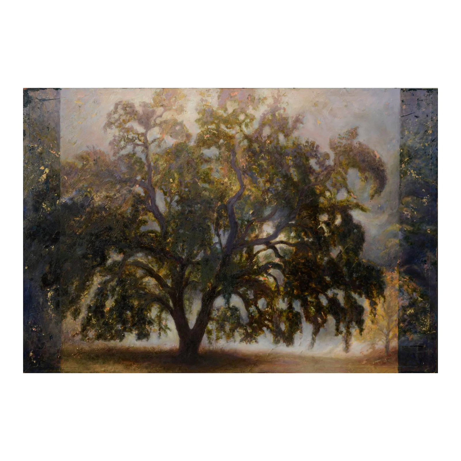 Golden Tree Landscape: Enchanting oil painting of a glowing textured tree layered with gold leaf and deep purples by an unknown artist (American, 20th Century). Unsigned. Painted on heavy 1/4" artists board that is mounted