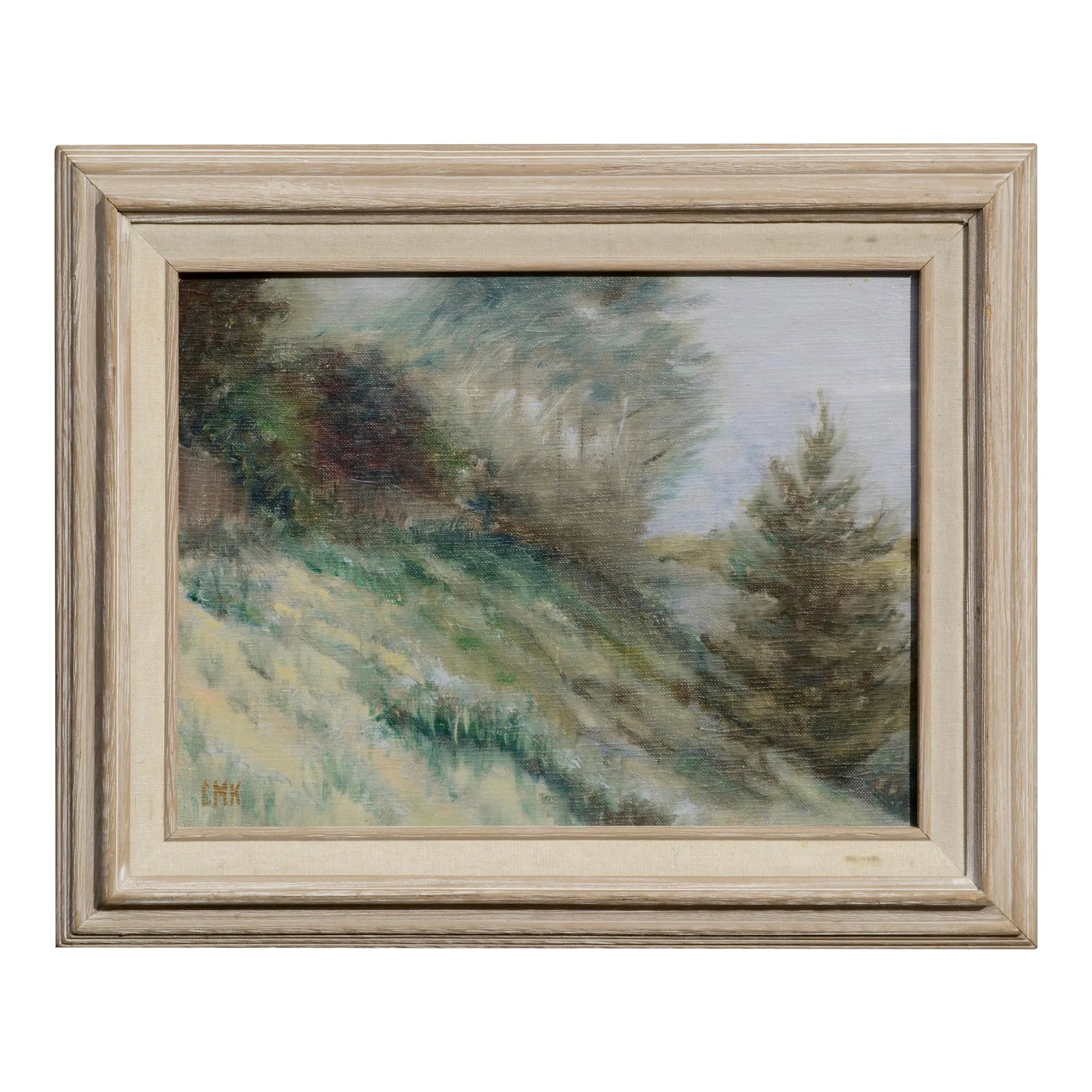 Hillside Landscape: Misty and verdant small-scale landscape by an unknown artist ("CMK"). The composition of the hillside in this landscape creates a diagonal across the canvas, bringing more visual interest to the