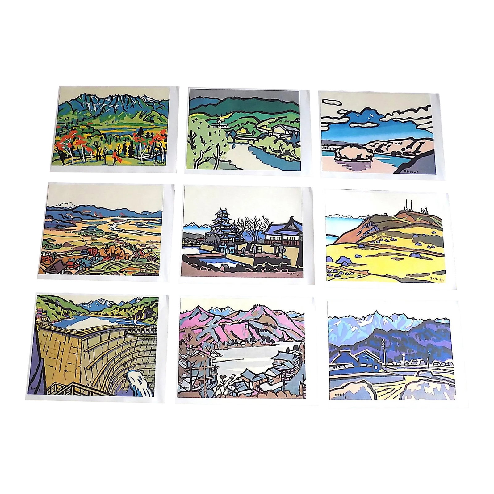 Vintage Folio Size Signed Mid 20th C. Expressionist Lithographs of Japanese Landscapes - Set of 9: This set of nine (9) signed vintage Japanese lithographs depict Japanese expressionist landscape woodblock prints by Saburo Miyata (Japan 1924-2013).They are identified as #6 thru #14 in the list of