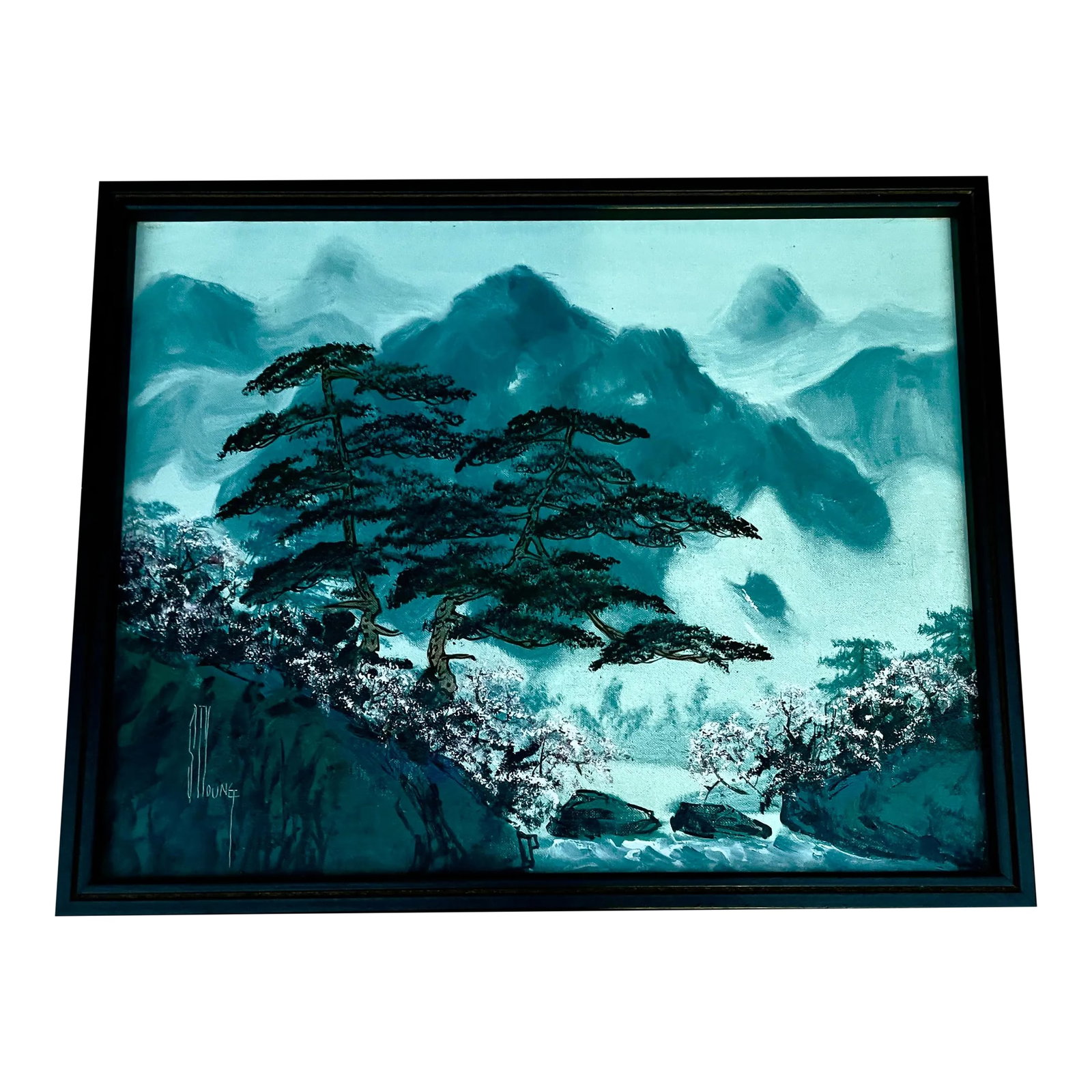 Vintage S T Young (Shu Tao Yang in Chinese) Oil Painting Signed & Framed: Vintage MCM ST Young traditional Asian style oil painting. Framed & signed by the artist. This is a mountain landscape with cherry blossoms trees painted in a traditional Chinese style. Mostly shades