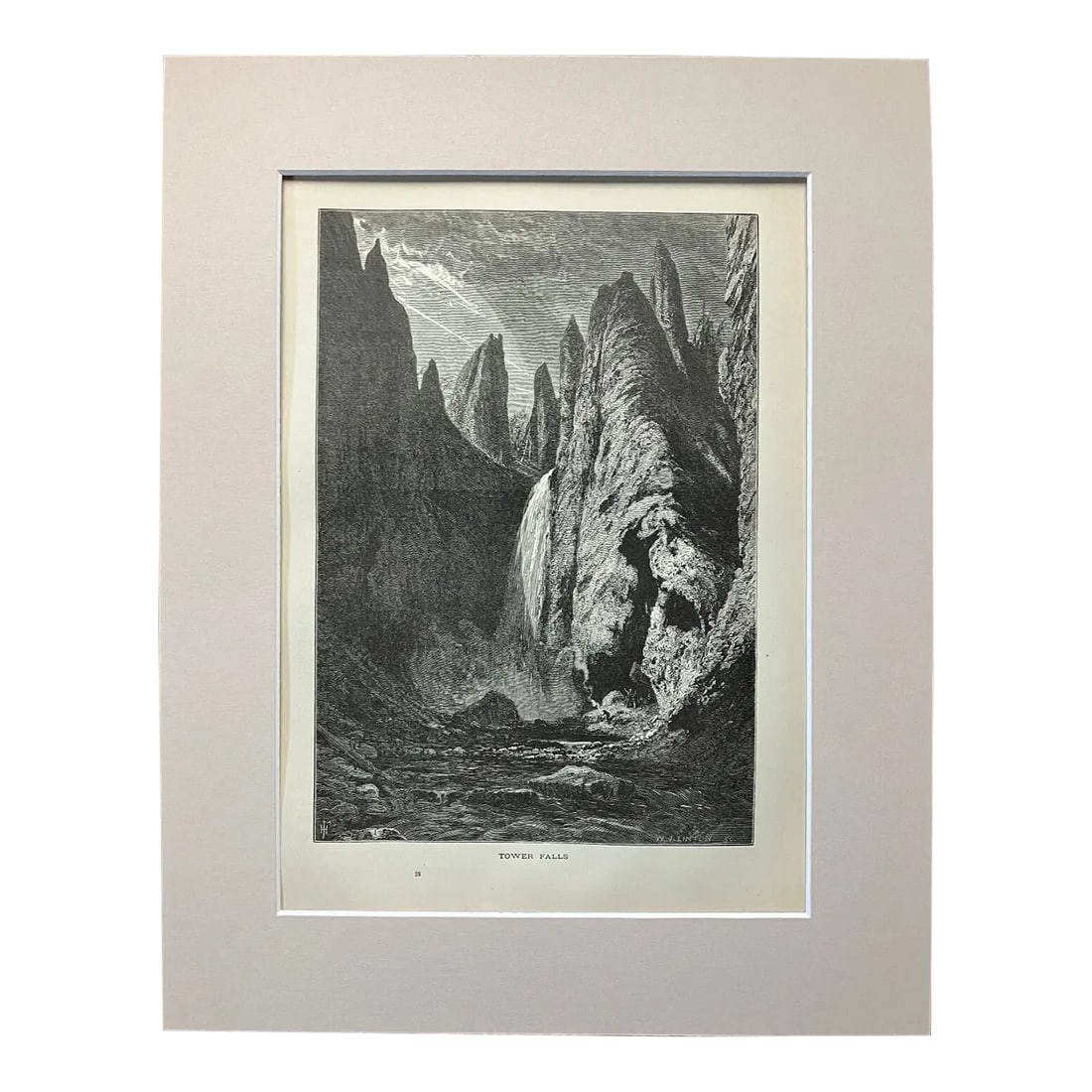 Antique 1874 Wood Engraving "Tower Falls", Yellowstone, WY in 11x14 Mat: Up for sale is this beautiful antique print from Volume I of "Picturesque America", a two-volume set of books describing and illustrating the scenery of America that grew out of an earlier series in