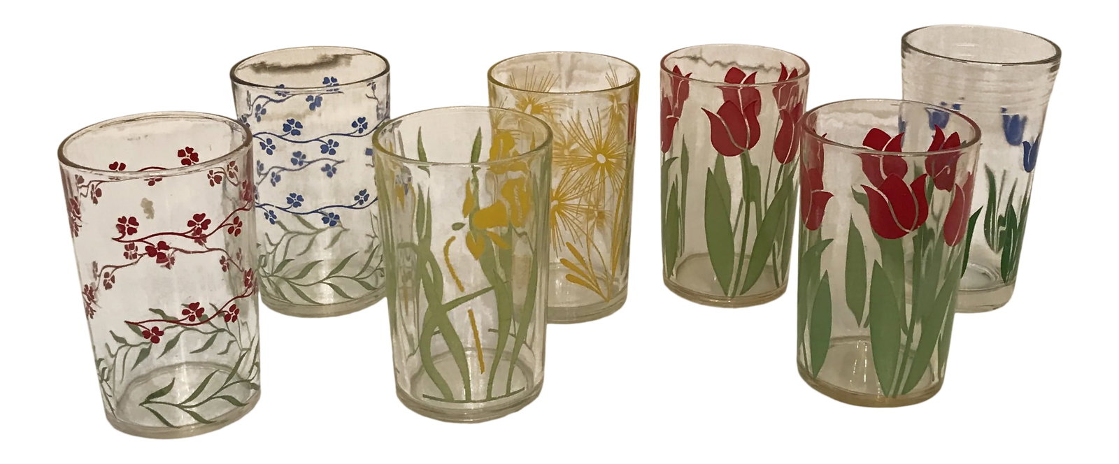 1950s Floral Design Tulips and Leaves Various Glasses - Set of 7: Swanky Swigs made by Kraft foods. These glasses are dated to the 50's and 60's. Glasses were used for cheese Spears jars. Highly collectible Condition: Condition Notes: They are perfect Materials