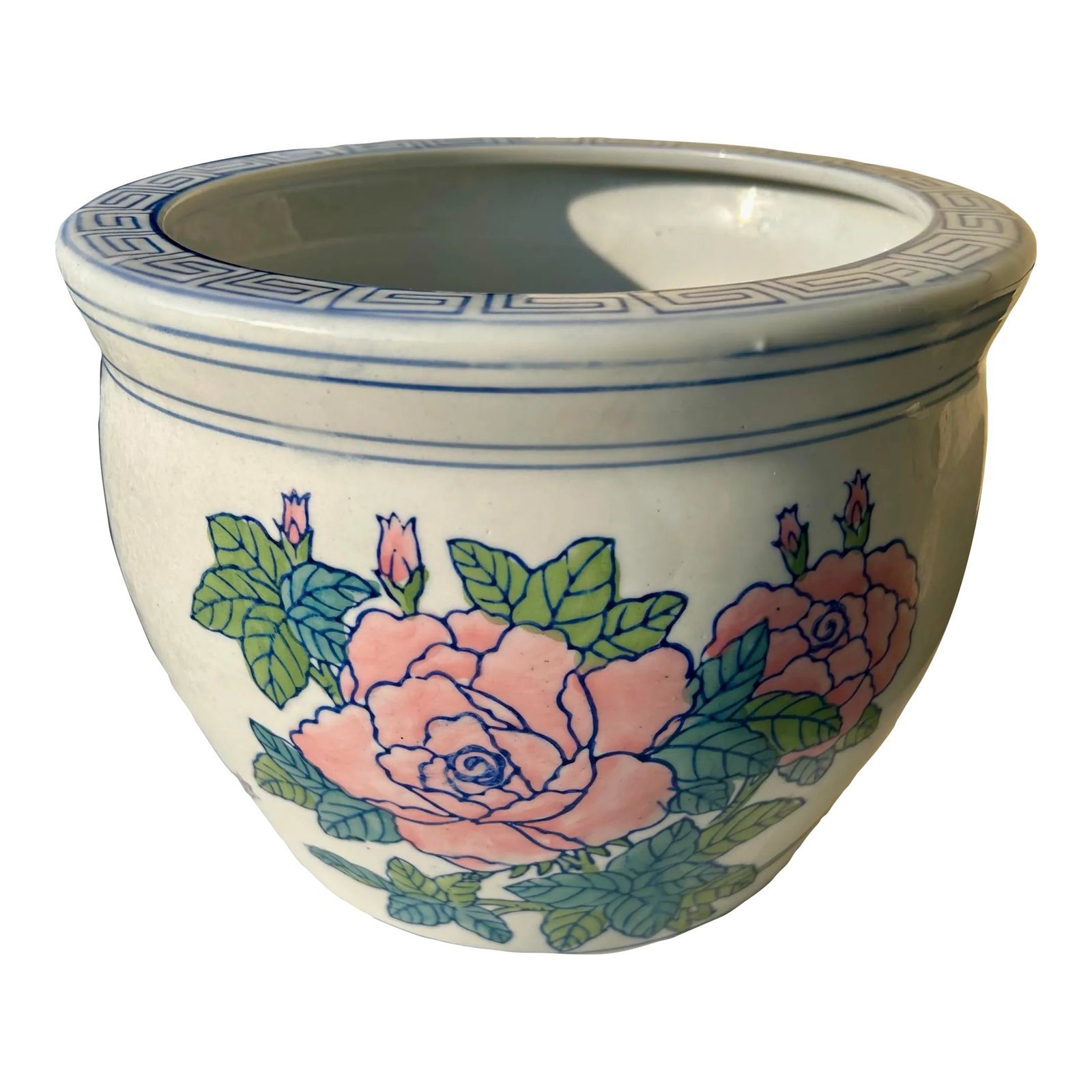 Chinese Floral Fishbowl Planter: Vintage Chinese fishbowl planter. Adorned with pink roses and green leaves. Blue and white Greek key pattern along the top rim. A classic and very pretty mid-sized planter. Makers mark / Artist Signat
