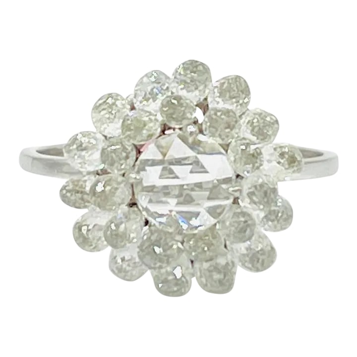 Briolette & Rose Cut Diamond Floral Cluster Ring in 18k White Gold Size 7.5: This is part of Chairish's Fine Jewelry assortment. Beautiful 4.22 ct. good quality, white and bright white diamond briolettes and rose cut diamond. Handmade in 18k white gold. Ring size 7.5.