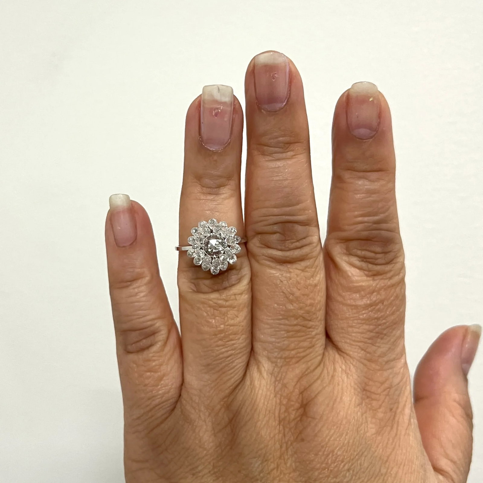 Briolette & Rose Cut Diamond Floral Cluster Ring in 18k White Gold Size 7.5 - 2